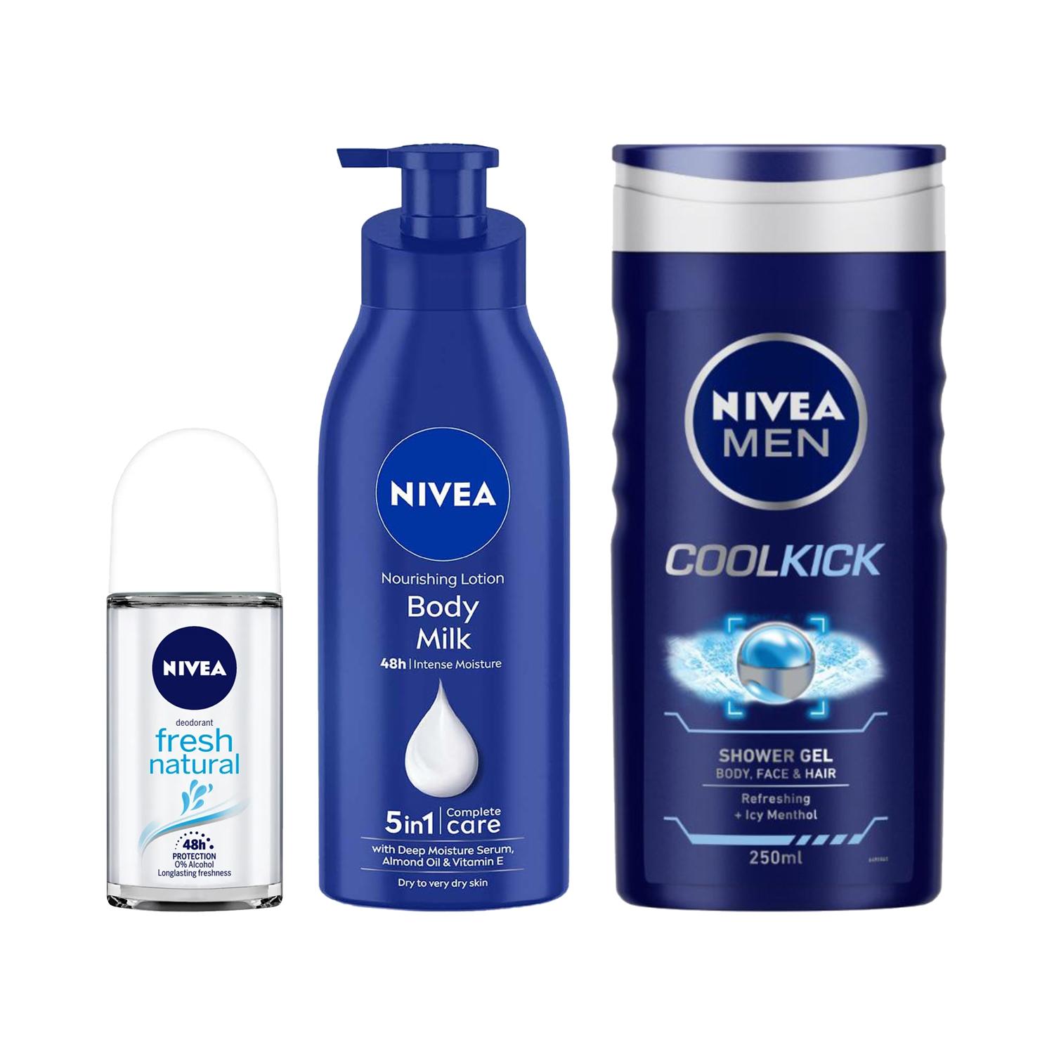 Nivea | Nivea Essential Combo - Body Milk, Shower Gel & Fresh Natural Deo Roll On