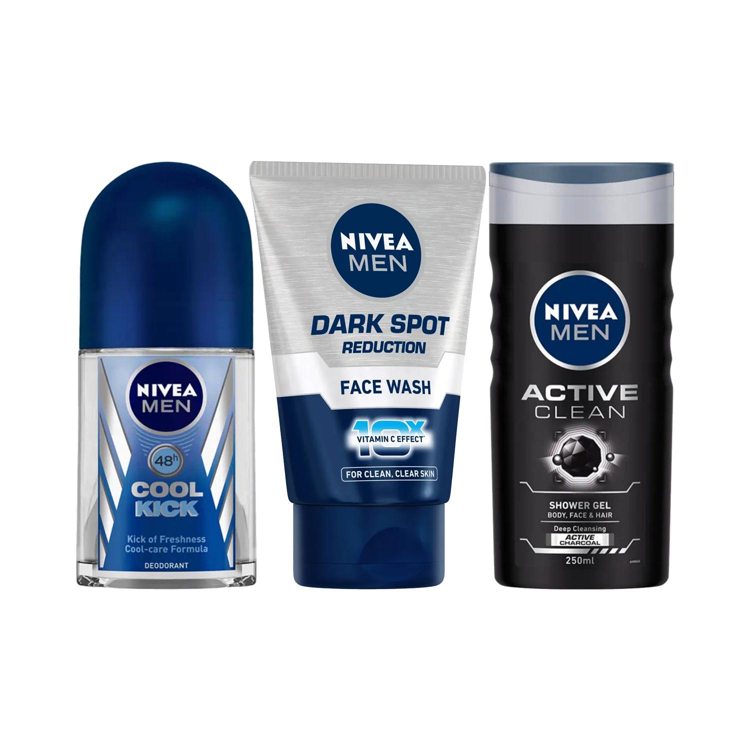 Nivea | Nivea Essential Combo - Shower Gel, Men Dark Spot Facewash & Cool Kick Deodorant