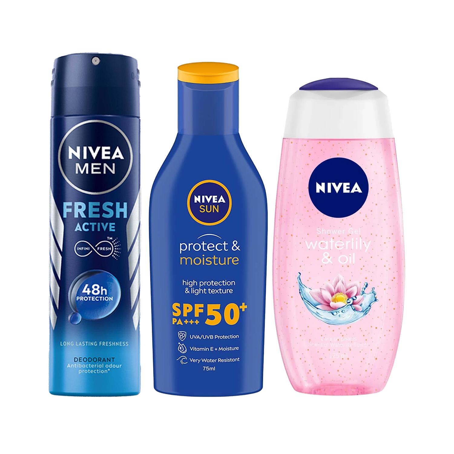 Nivea | Nivea Water Lily & Oil Body Wash and Fresh Active Deodorant, Sun Lotion Summer Essential Combo