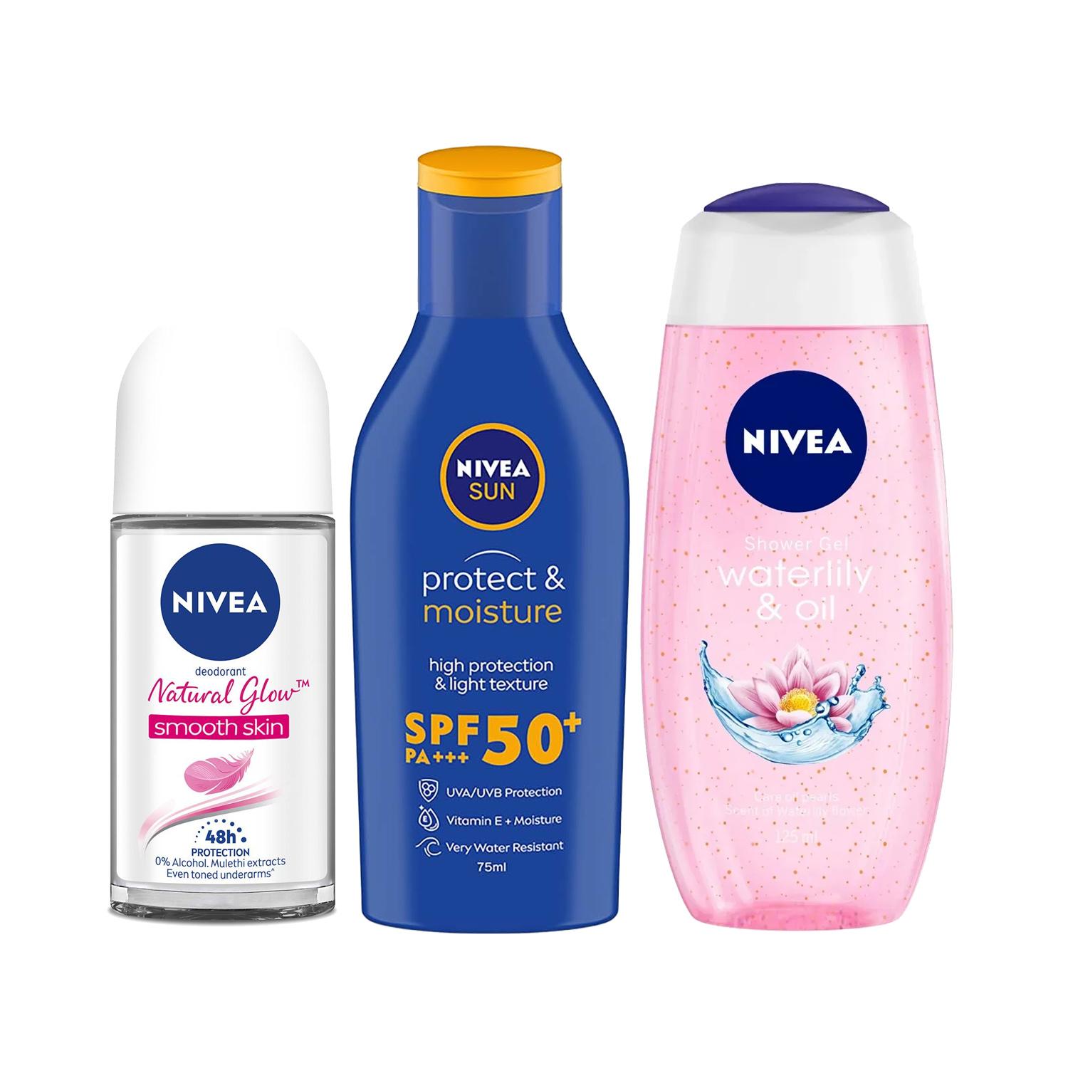 Nivea Water Lily & Oil Body Wash and Glow Roll On, Sun Lotion Summer Essential Combo