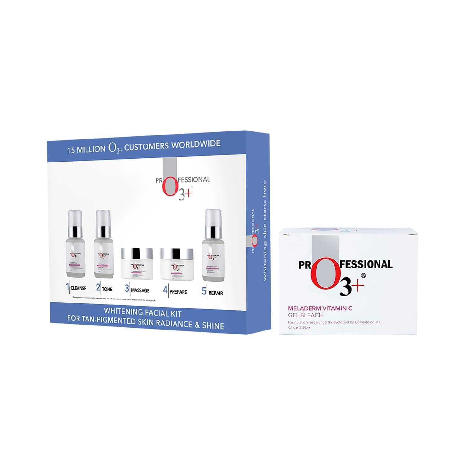 O3+ | O3+ Tan-Pigmented Whitening Facial Kit - (250g) & Meladerm Vitamin C Gel Bleach (96g) Como