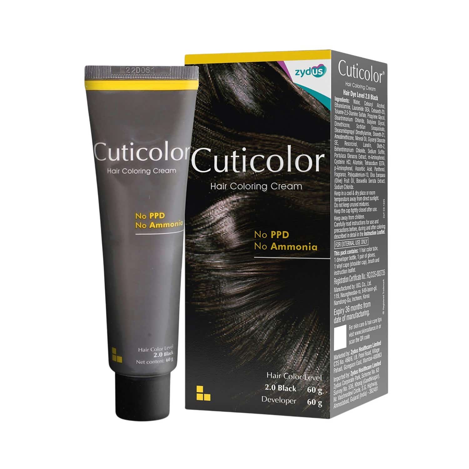 Cuticolor | Cuticolor Permanent Hair Color Cream - 2.0 Black (60 g)
