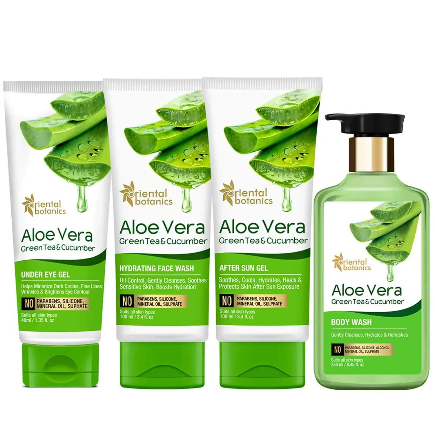 Oriental Botanics | Oriental Botanics Aloe Vera, Green Tea & Cucumber Under Eye Gel + Face Wash + After Sun Gel + Body Wash (4Pcs)