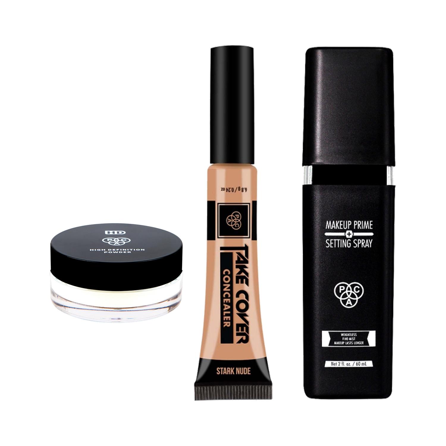 PAC | PAC Makeup Prime & Setting Spray, HD Powder Transparent & Take Cover Concealer - 08 Stark Nude Combo