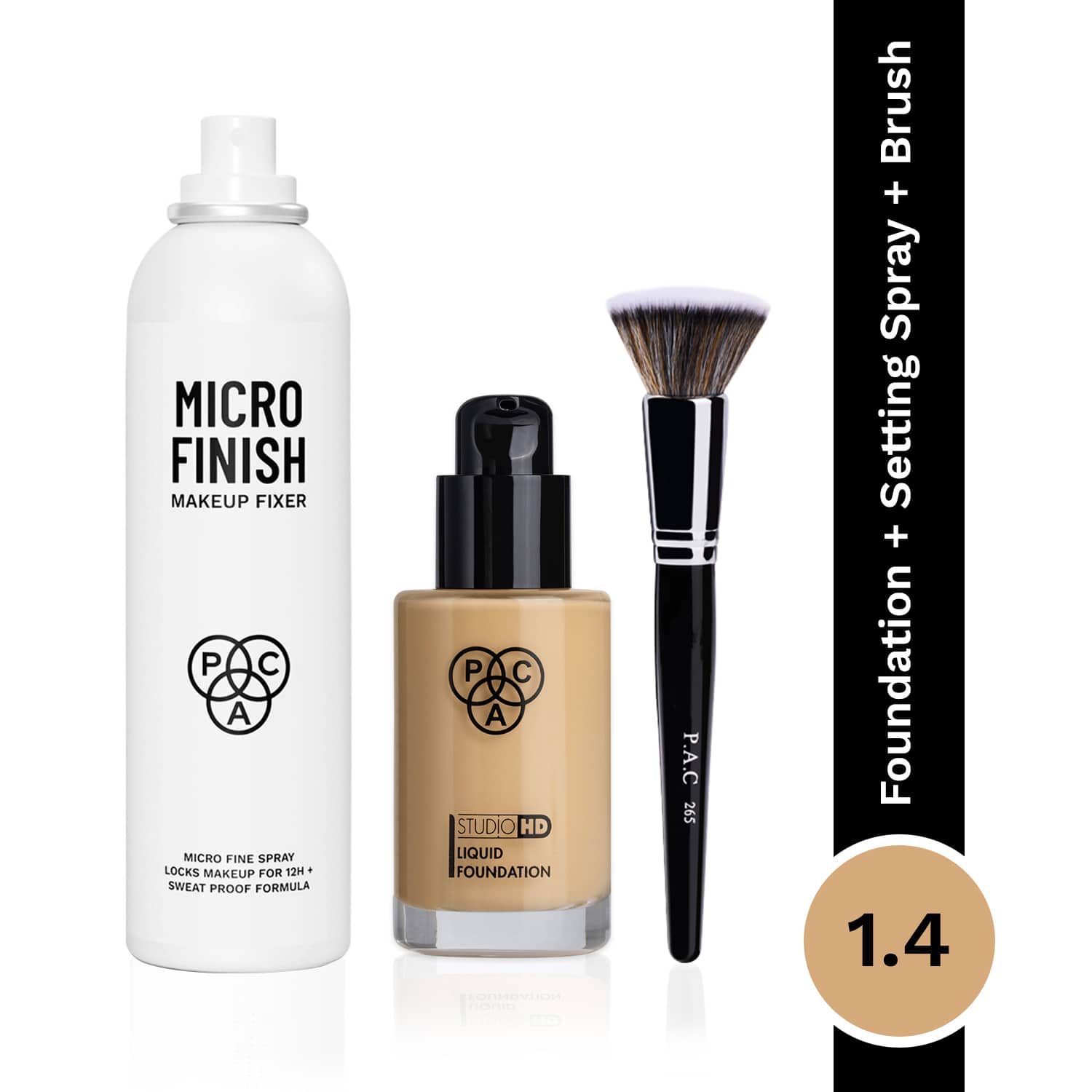 PAC | PAC Micro finish makeup fixer, Studio HD liquid foundation 1.4 & Foundation blending brush 265 Combo