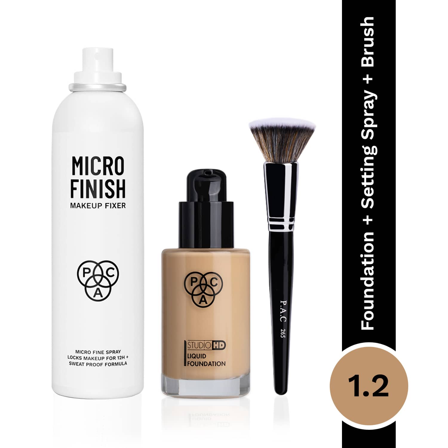 PAC | PAC Micro finish makeup fixer, Studio HD liquid foundation 1.2 & Foundation blending brush 265 Combo