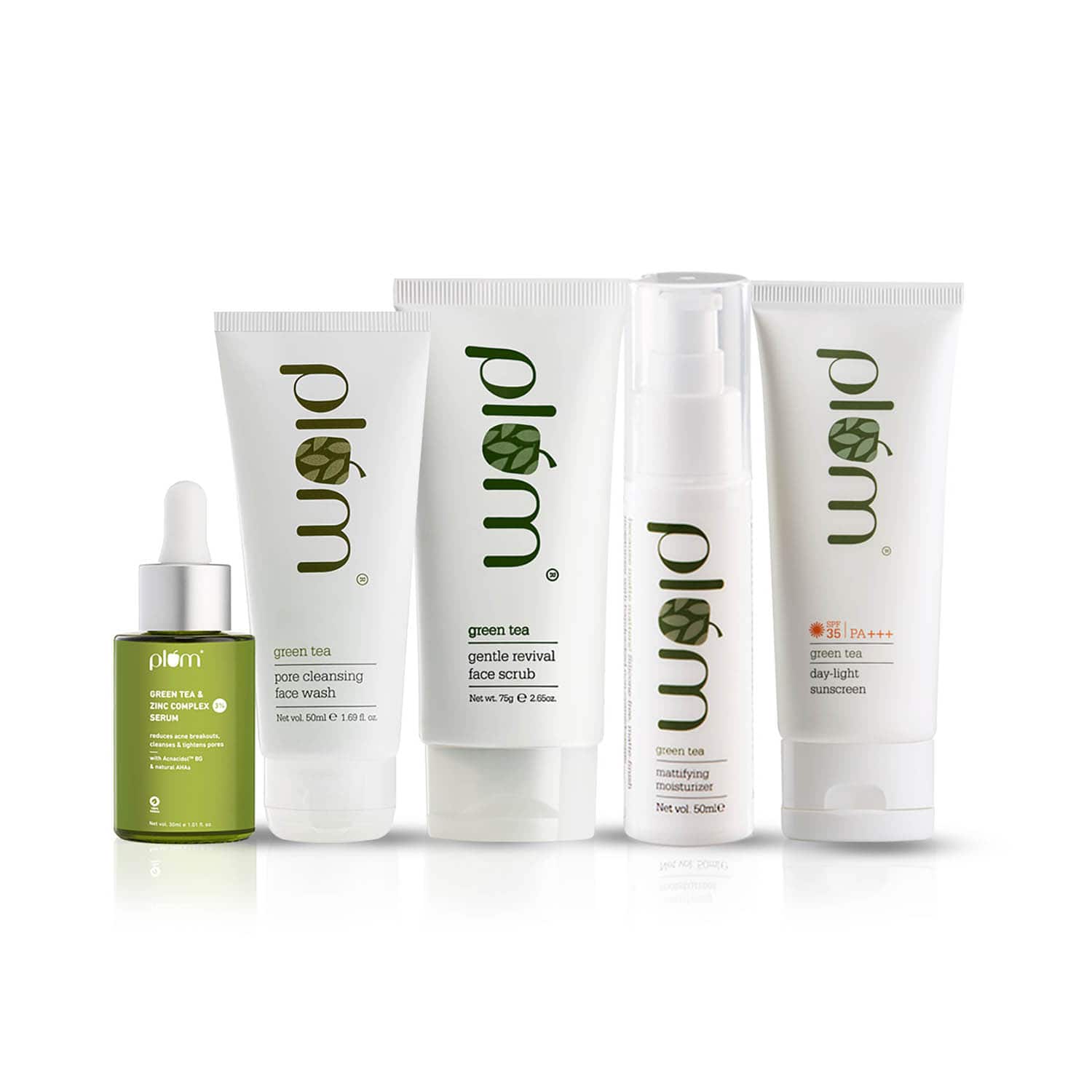 Plum | Plum Green Tea Daily + Weekly Tlc Combo Face Wash, Face Scrub, Serum, Moisturizer & Spf 35 Sunscreen