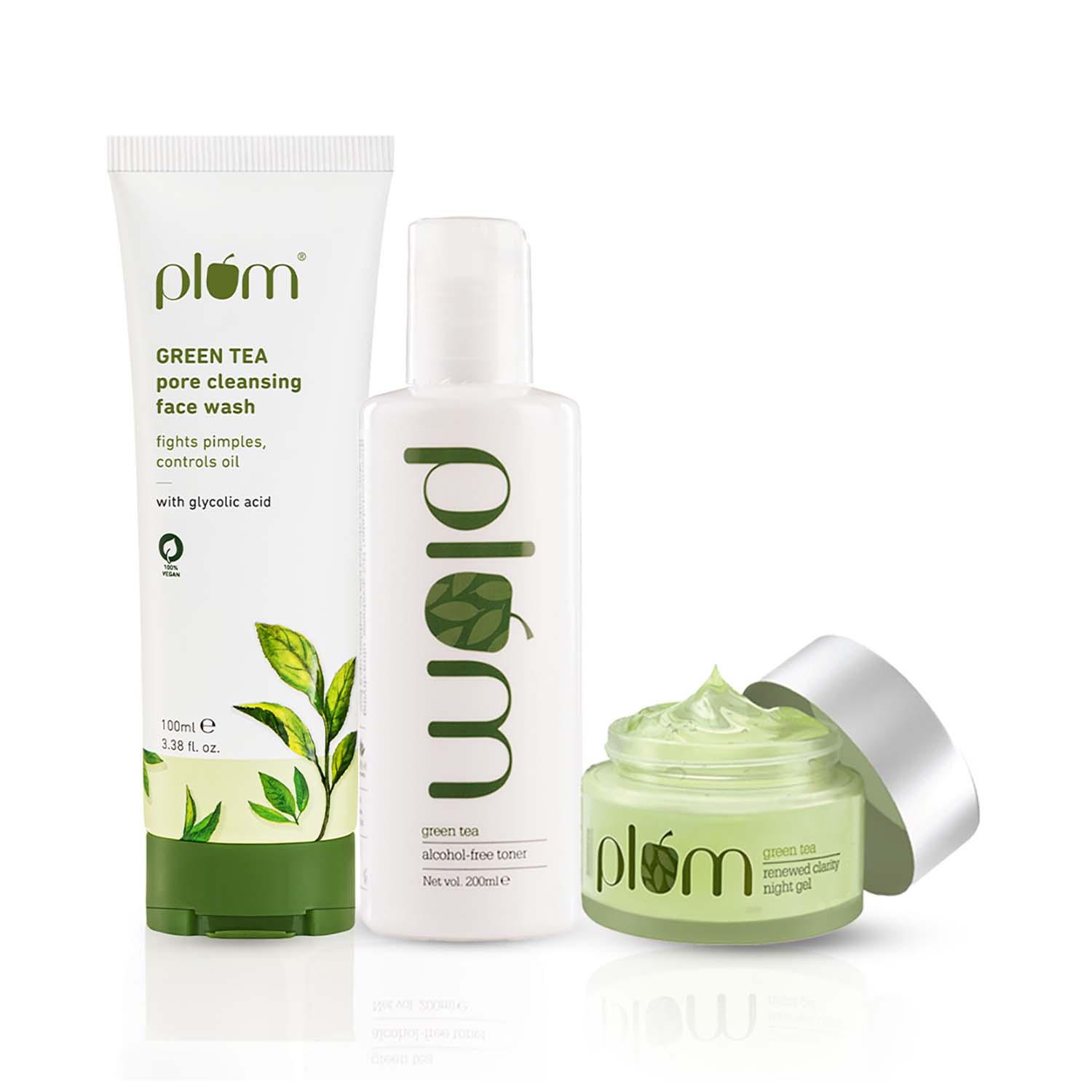 Plum | Plum Green Tea Cleanse & Night Repair Combo Face Wash (100Ml), Toner & Night Gel