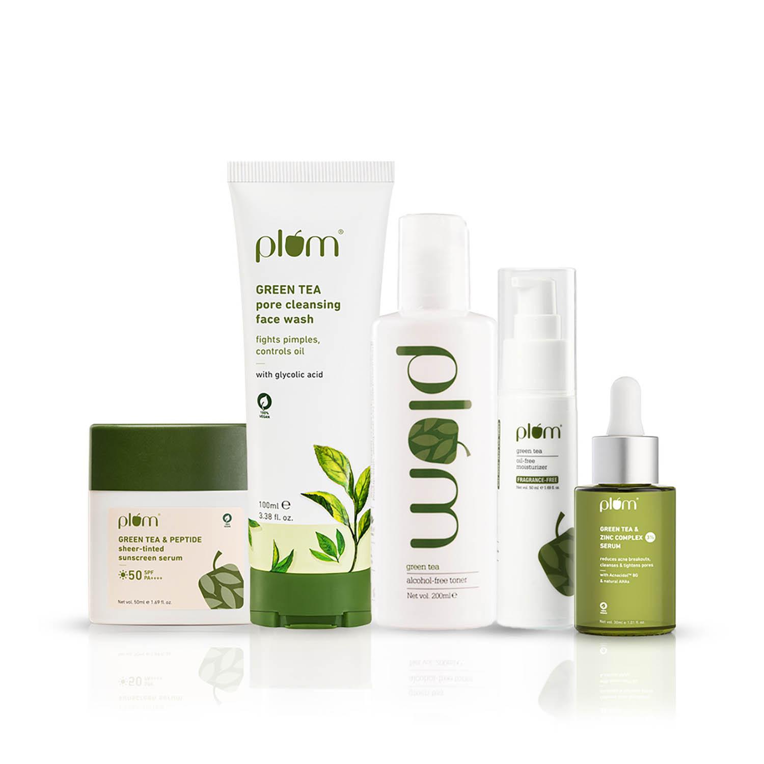 Plum | Plum Green Tea Daily Essentials Combo Face Wash, Toner, Serum, Moisturizer & Sunscreen Serum