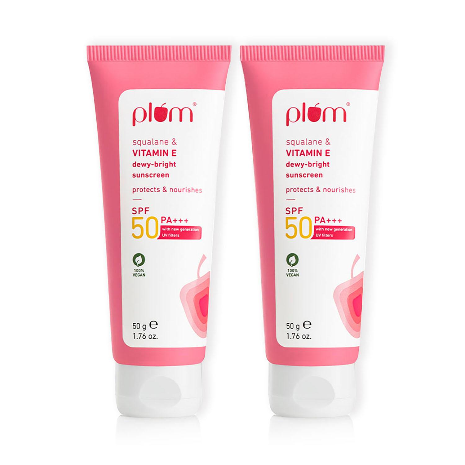 Plum | Plum Squalane and Vitamin E Dewy-Bright Sunscreen SPF 50 for All Skin Type (50 g) (Pack of 2) Combo