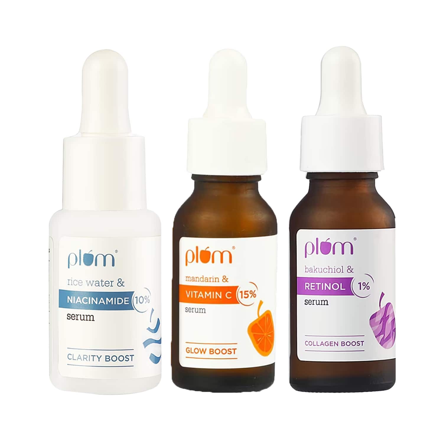 Plum | Plum Glow, Bright & Renew Serum Trio - 15% Vitamin C + 10% Niacinamide + 1% Retinol Serum Combo