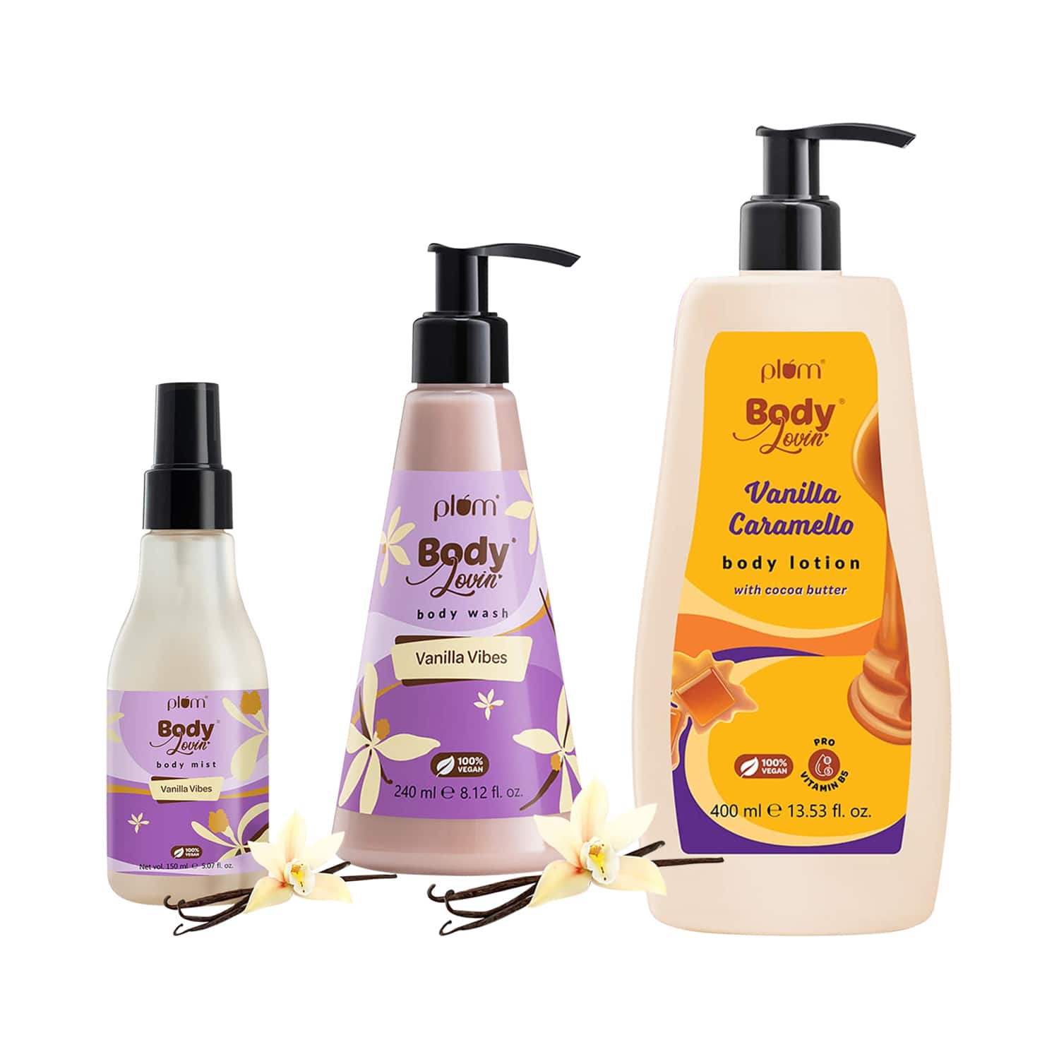 Plum | Plum BodyLovin' 3-in-1 Vanilla Caramello Body Lotion, Vanilla Vibes Body Wash & Body Mist Combo