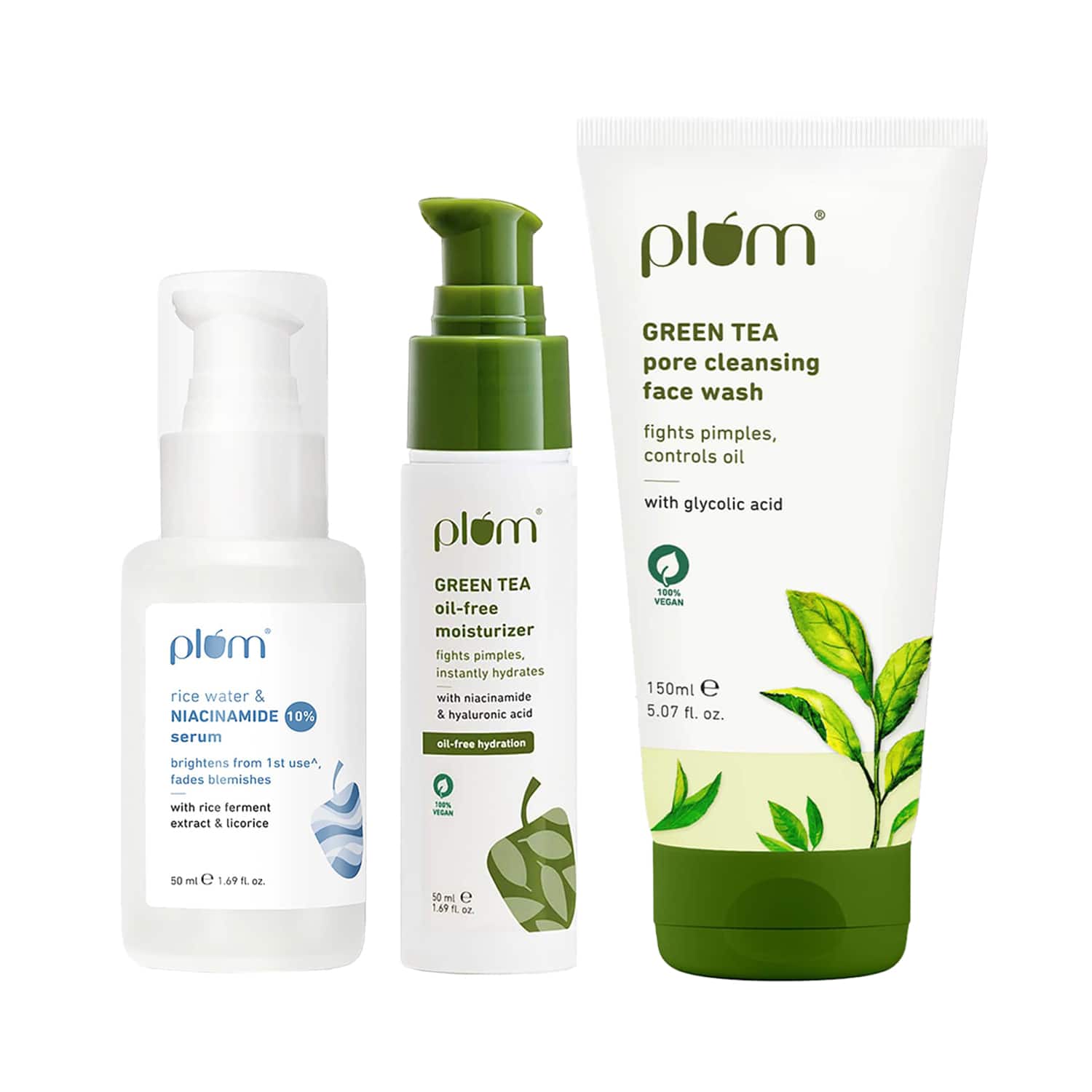 Plum | Plum Green Tea Face Wash, Serum and Moisturizer Trio with SPF 50 PA+++ for Acne Prone Skin