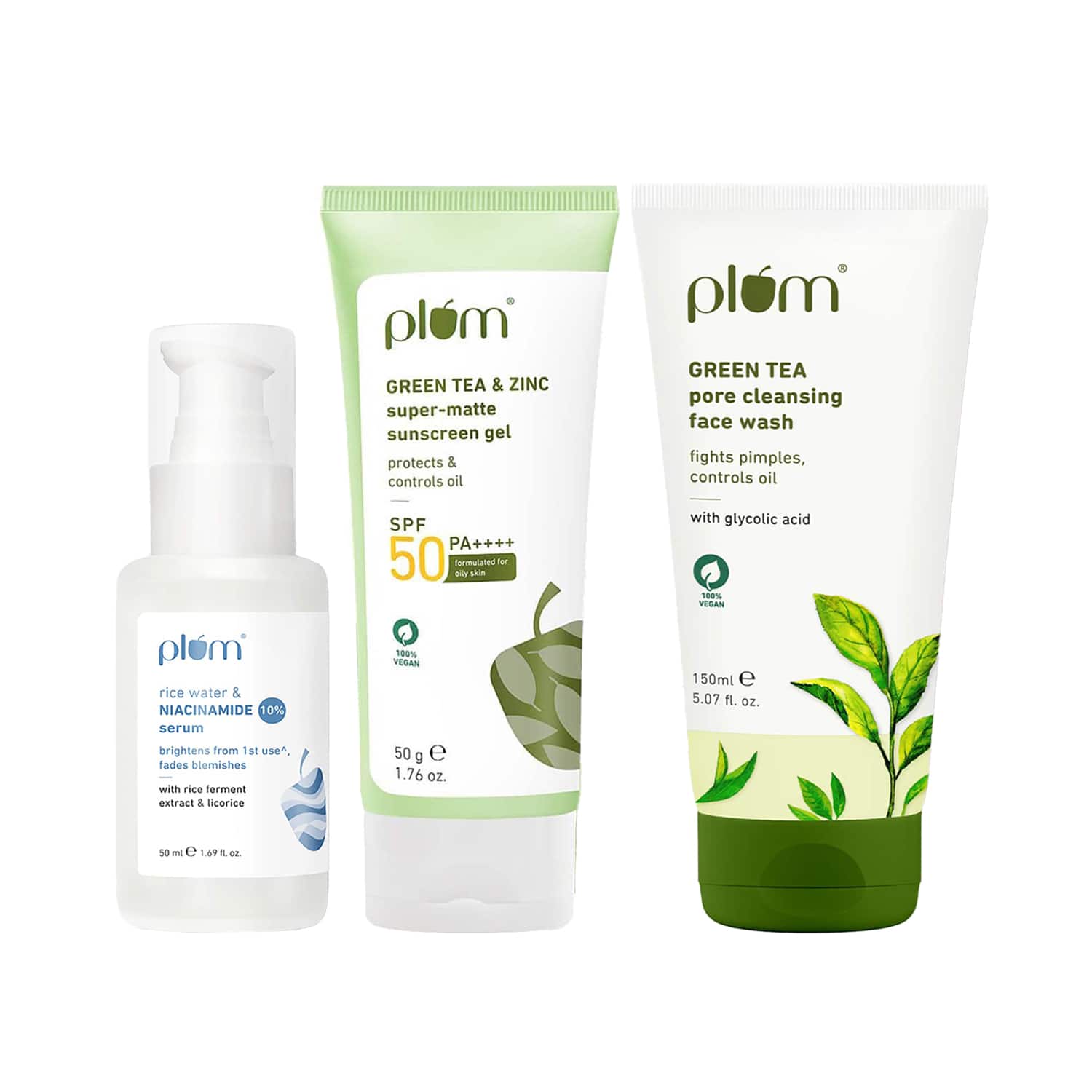 Plum | Plum Green Tea Face Wash, Serum Sunscreen Trio with SPF 50 PA+++ for Acne Prone Skin