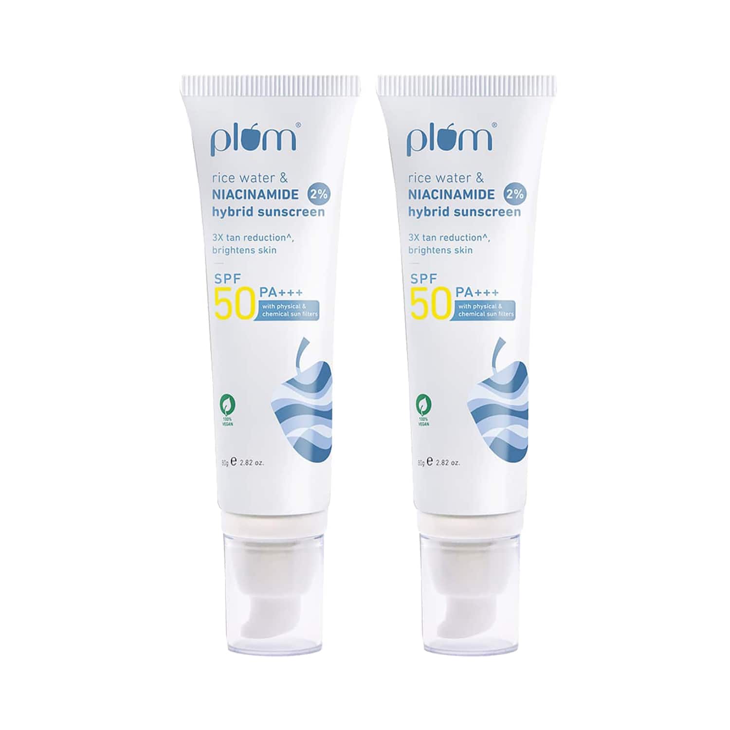 Plum | Plum 2% Niacinamide & Rice Water SPF 50 PA+++ Sunscreen, Fades Tan Pack of 2 Combo