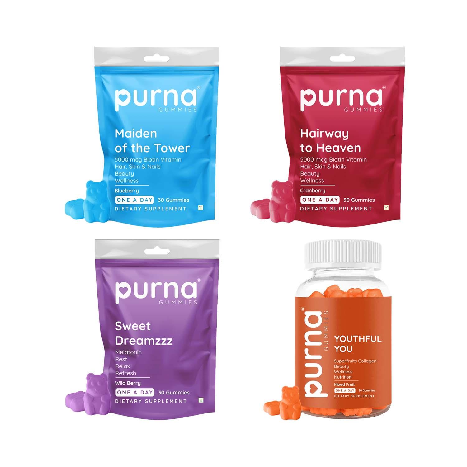 Purna Gummies | Purna Gummies Biotin Cranberry Sugar Free & Biotin Blueberry Sugar, Melatonin & Collagen Combo