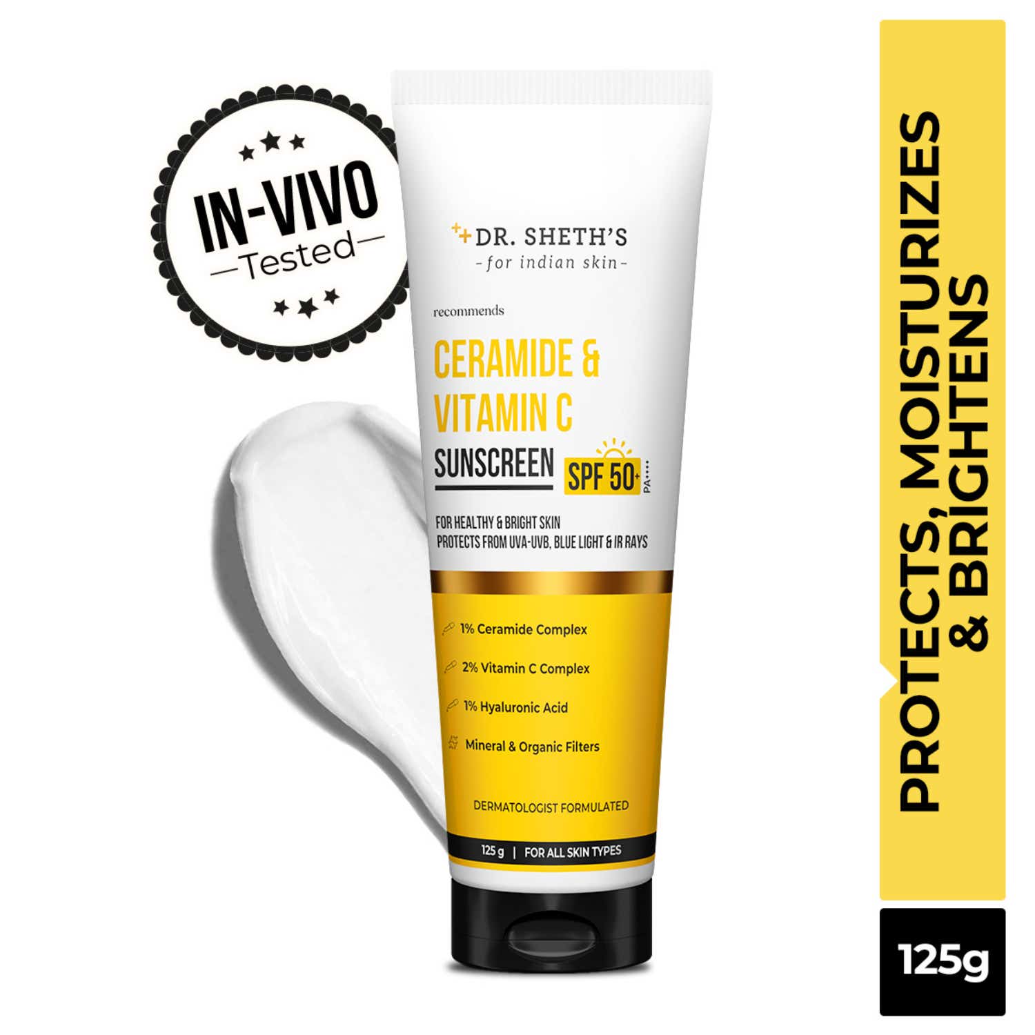 Dr. Sheth's | Dr. Sheth's Ceramide & Vitamin C Sunscreen SPF 50+ PA++++ In-Vivo Tested for Bright Skin (125g)