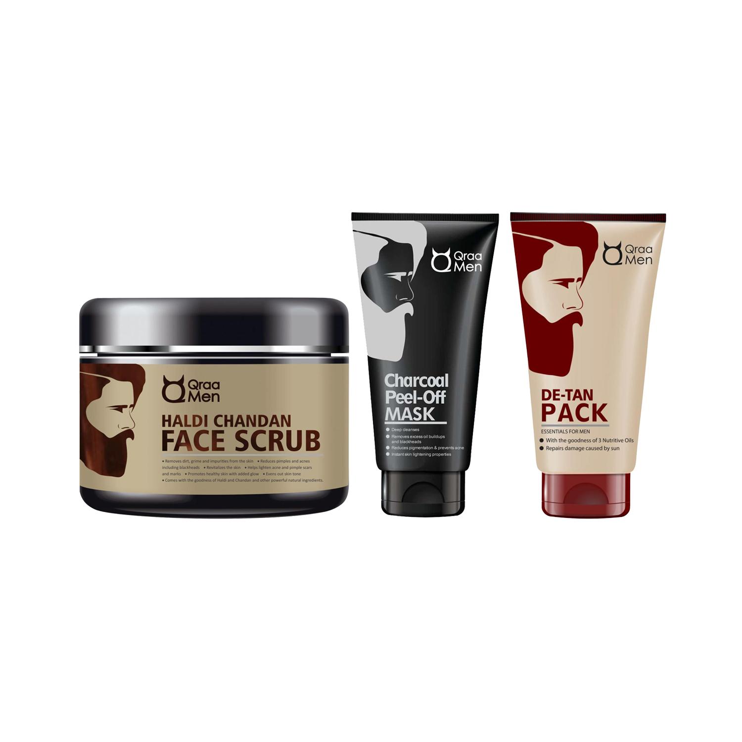 Qraamen | Qraamen De-Tan Face Pack, Haldi Chandan Face Scrub & Charcoal Peel Off Mask Combo