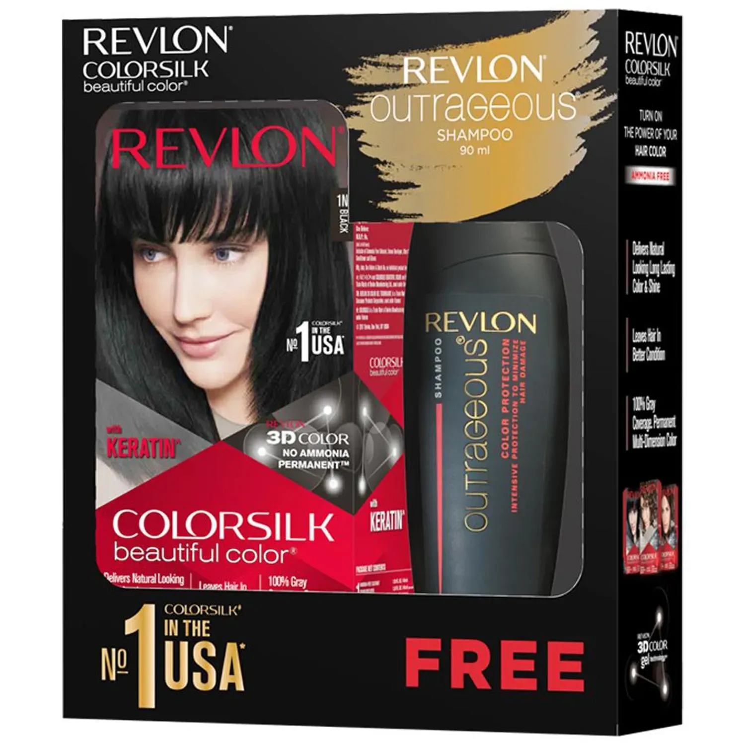 Revlon | Revlon Colorsilk Beautiful Hair Color with Keratin + Free Shampoo - 1N Black (90ml)