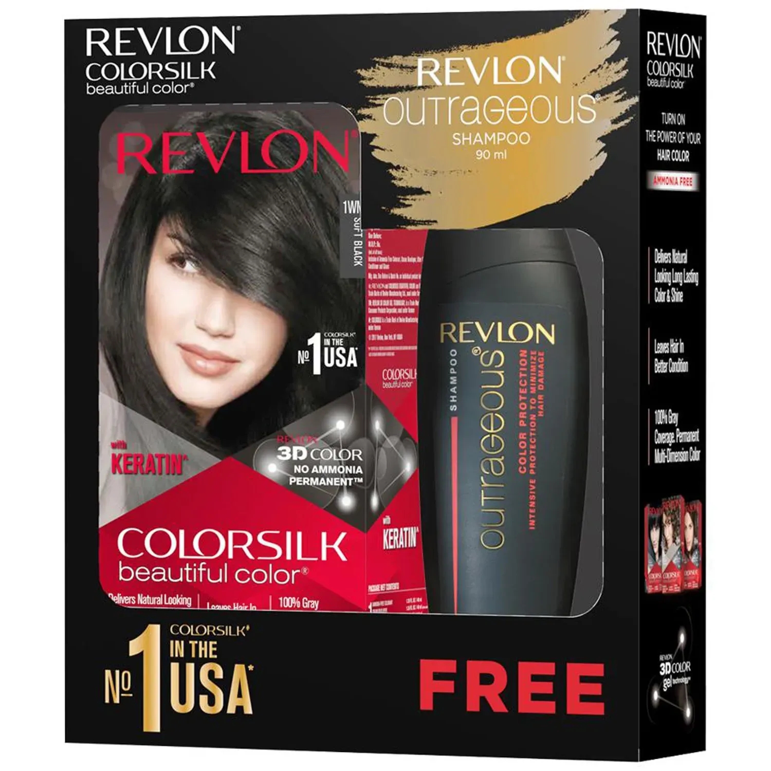 Revlon | Revlon Colorsilk Beautiful Hair Color with Keratin + Free Shampoo - 1WN Soft Black (91.8ml)