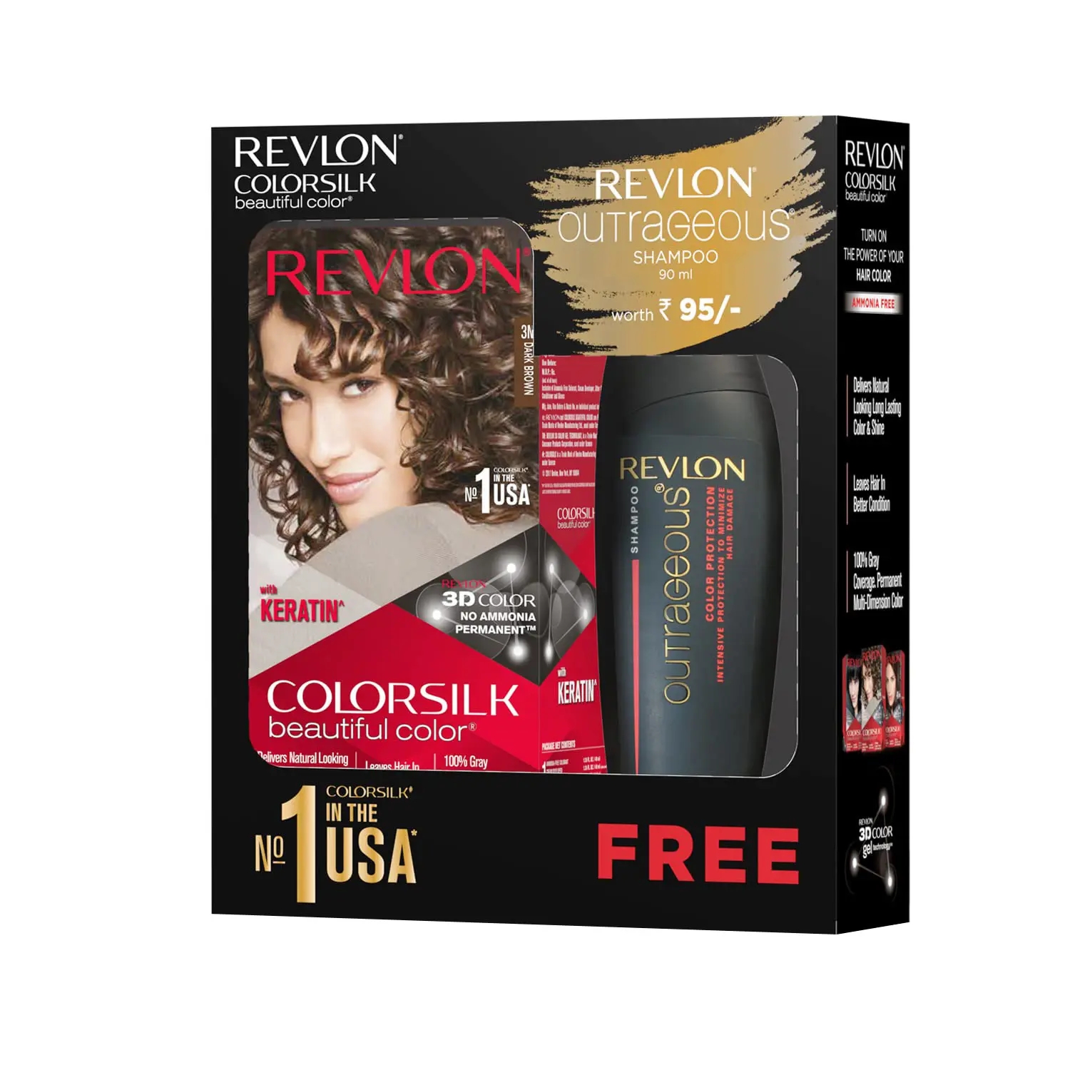 Revlon | Revlon ColorSilk Hair Color with Keratin - 3N Dark Brown - with Outrageous Shampoo 90 ml (150ml)