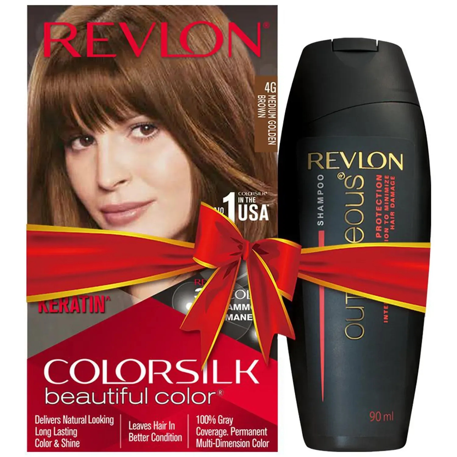 Revlon | Revlon Colorsilk Beautiful Hair Color with Keratin + Free Shampoo - 4G Medium Golden Brown (91.8ml)