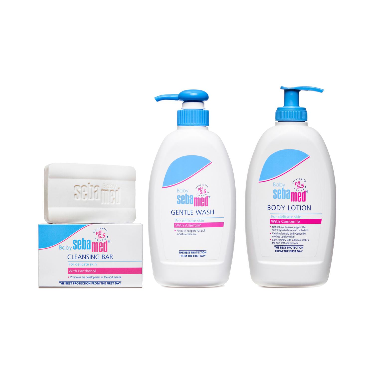 Sebamed Baby Cleansing Bar (100 g), Baby Gentle Wash (400 ml) & Baby Lotion (400 ml) Combo