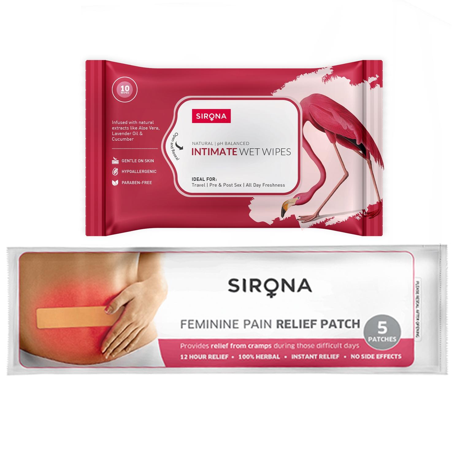 Sirona Feminine Pain Relief Patches for Period Pain - 5 Patches with Intimate Wipes 10 Wipes Combo