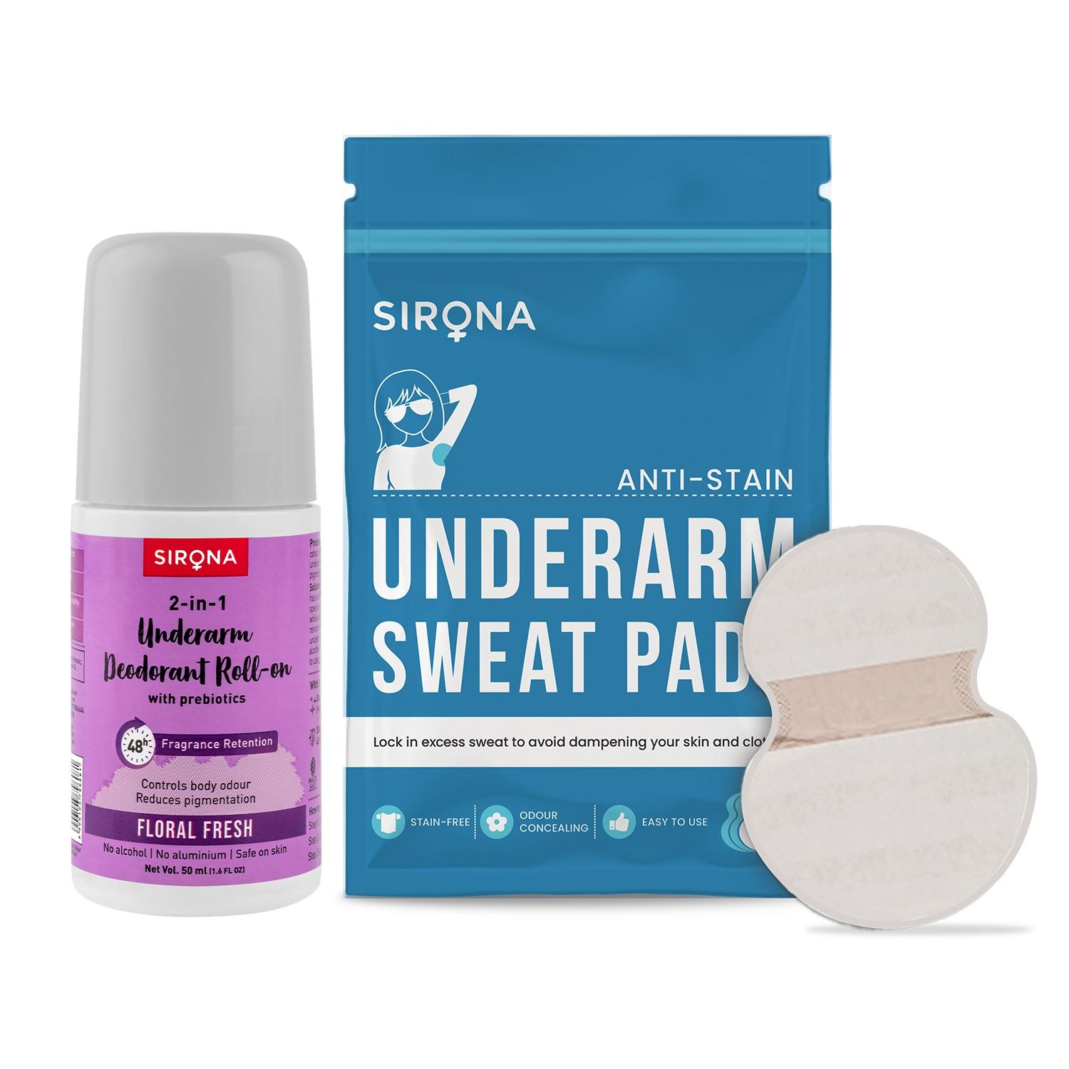 Sirona Super Absorbent Under Arm Sweat Pads with Natural Underarm Deodorant Roll Prebiotics Combo