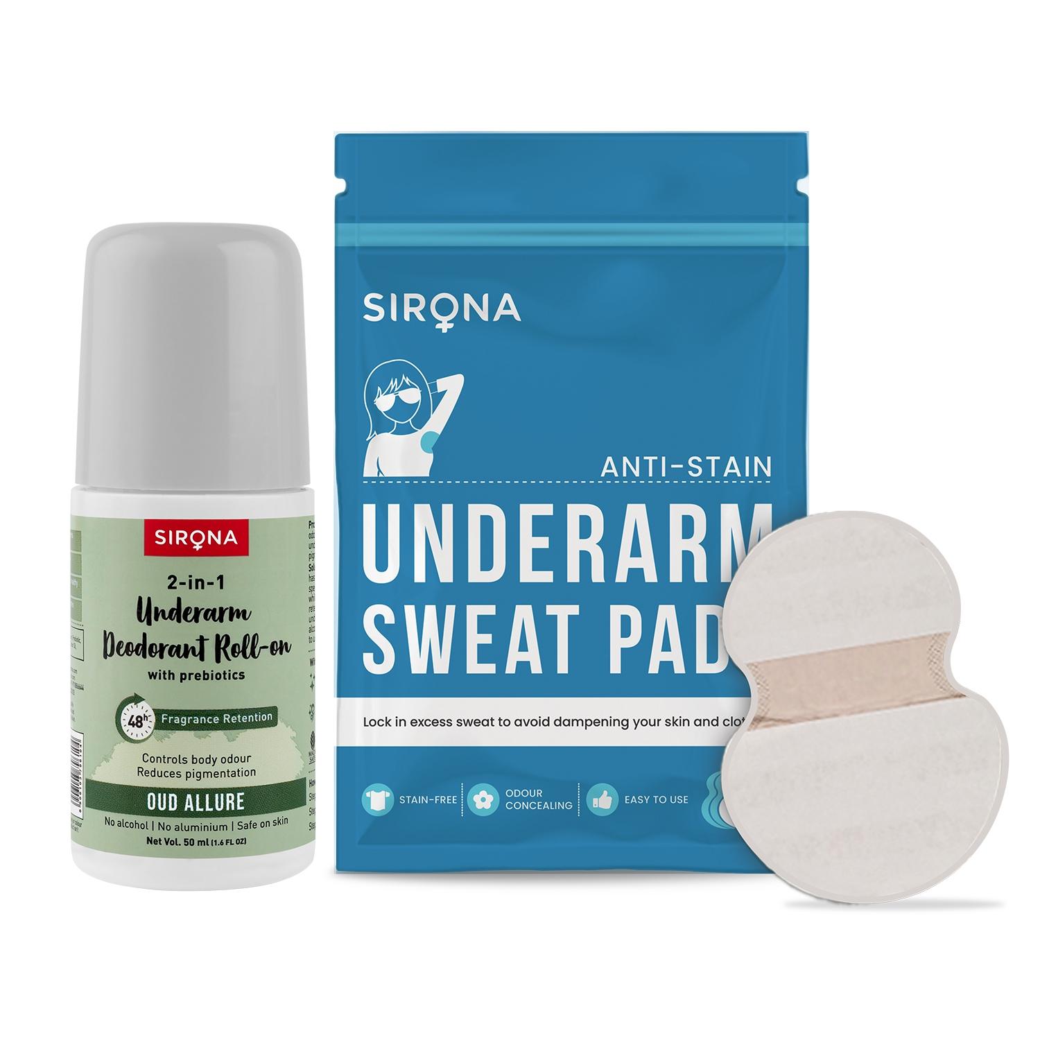 Sirona Super Absorbent Under Arm Sweat Pads with Natural Underarm Deodorant Roll Combo