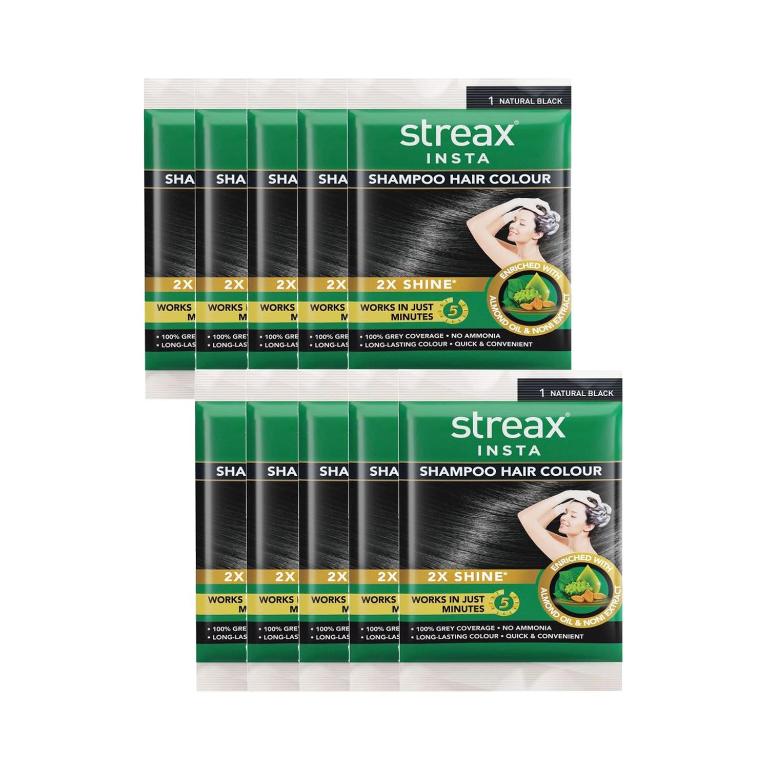 Streax | Streax Insta Shampoo Hair Colour - Natural Black (18ml) (Pack of 10) Combo