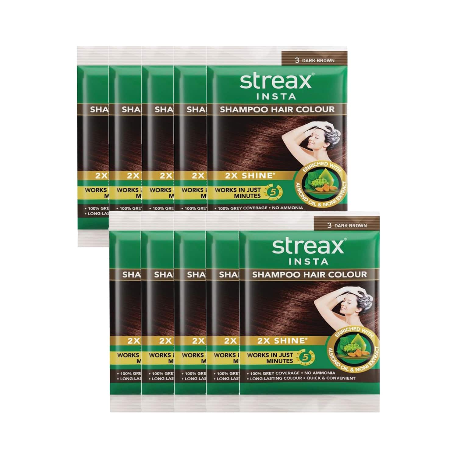 Streax | Streax Insta Shampoo Hair Colour - Dark Brown (18 ml) Pack of 10 Combo