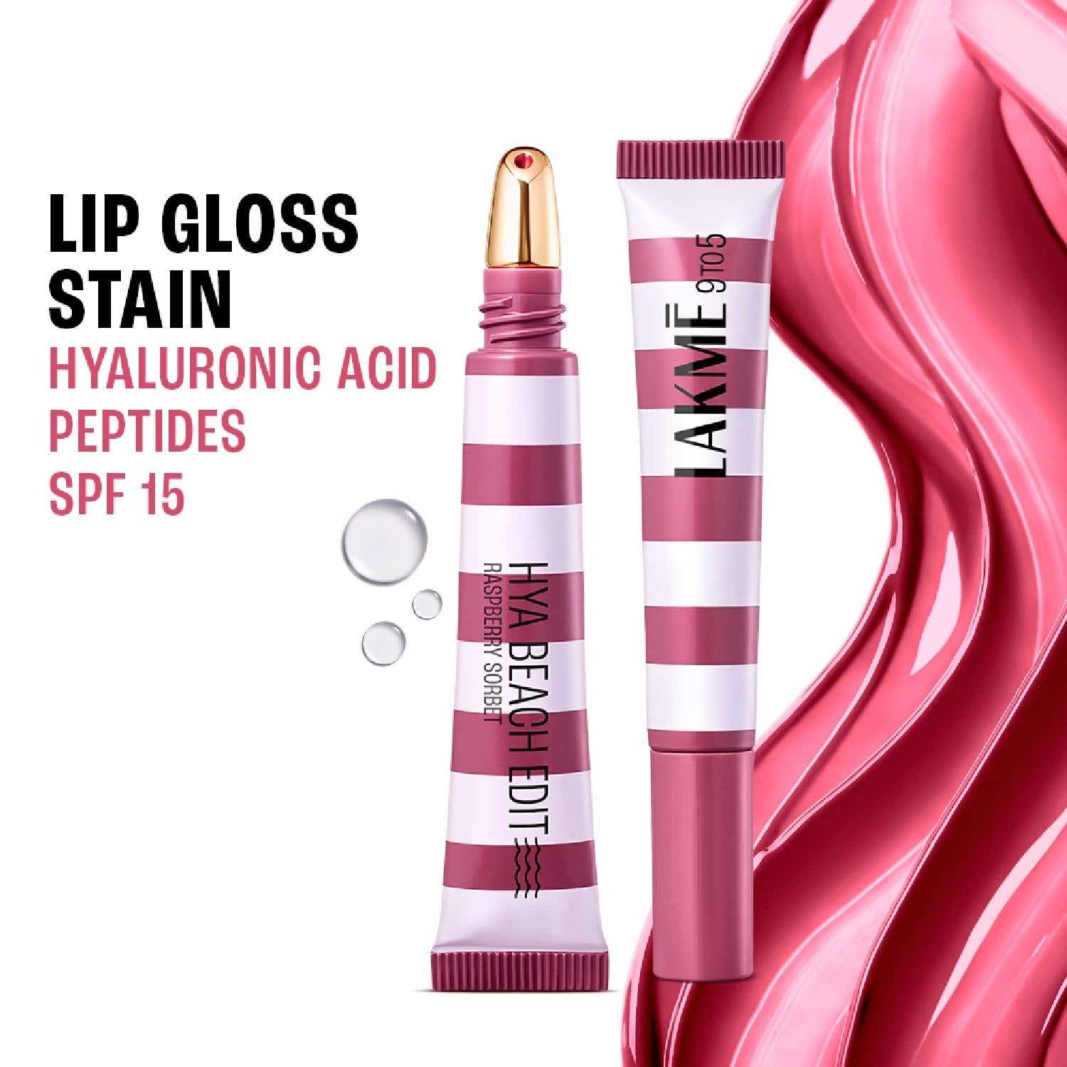 Lakme | Lakme 9to5 Hya Beach Edit Lip Gloss Stain Hydrating Long Lasting SPF 15- 6 Raspberry Sorbet (10ml)