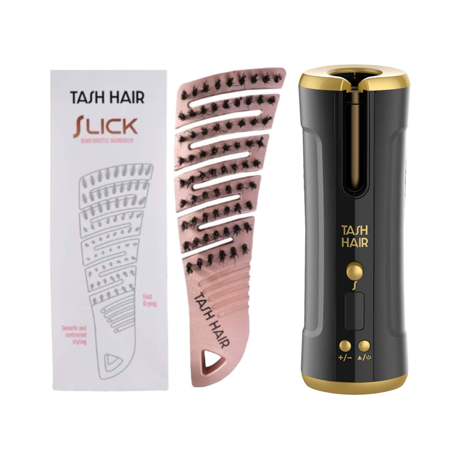 Tash Hair | Tash Hair Twirl Automatic Hair Curler - Onyx & Detangling Boar Bristle Hair Brush Combo
