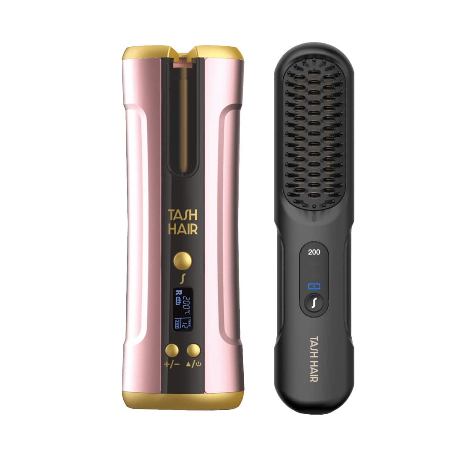 Tash Hair | Tash Hair Twirl Automatic Cordless Hair Curler (Blush) & Glide Hair Straightener Brush (Noir) Combo