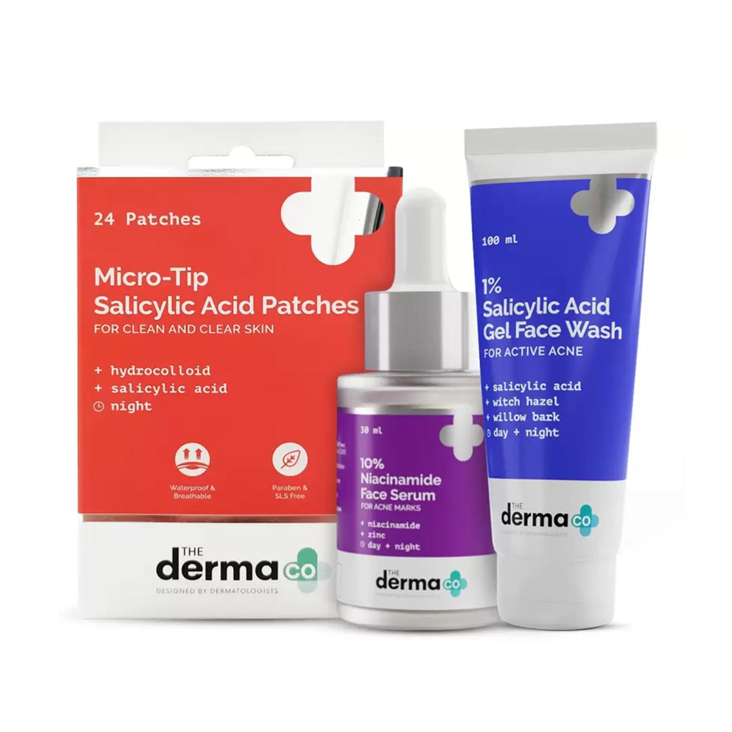 The Derma Co | The Derma Co Fight Acne & Acne Marks Kit - Serum + Face Wash + Micro-Tip Salicylic Acid Acne Patches