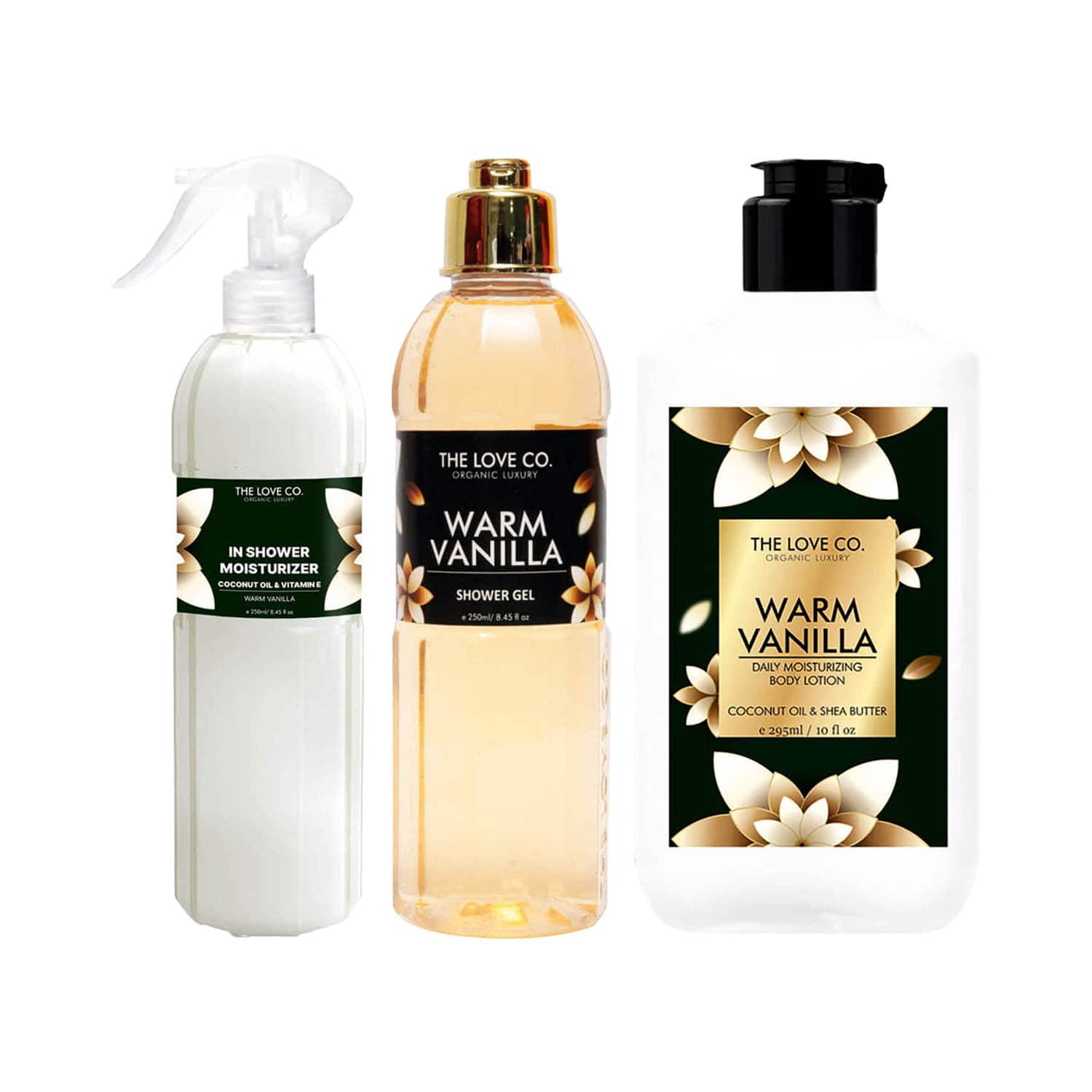 THE LOVE CO. | THE LOVE CO. Warm Vanilla Shower Gel + Body Lotion + In Shower Moisturizer Pack of 3 Combo