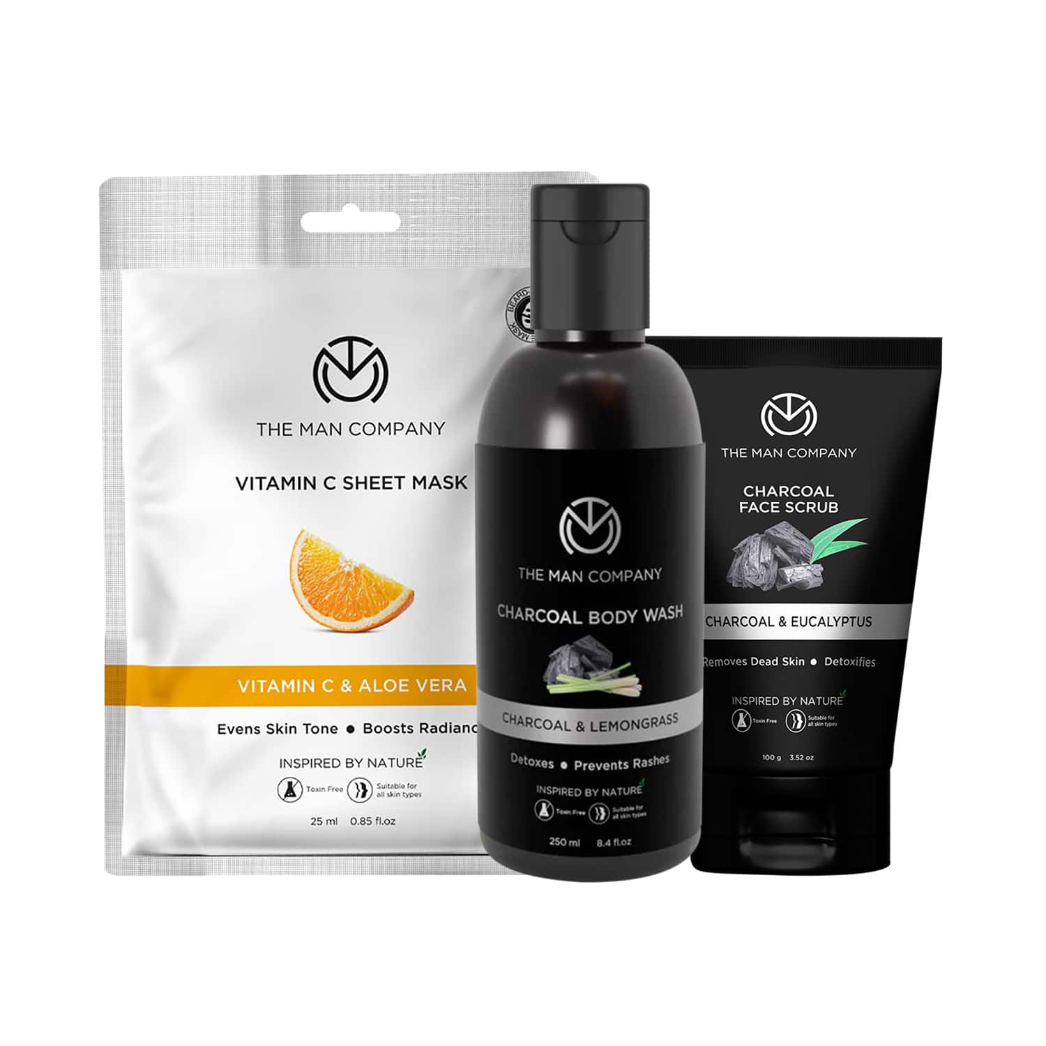 The Man Company | The Man Company Charcoal Exfoliating  Scrub (100g), Body Wash  (250 ml) & Sheet Mask (25 ml) Combo