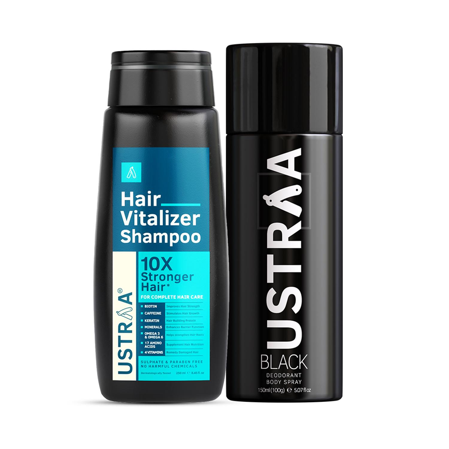 Ustraa Hair Vitalizer Shampoo & Black Deodorant Combo