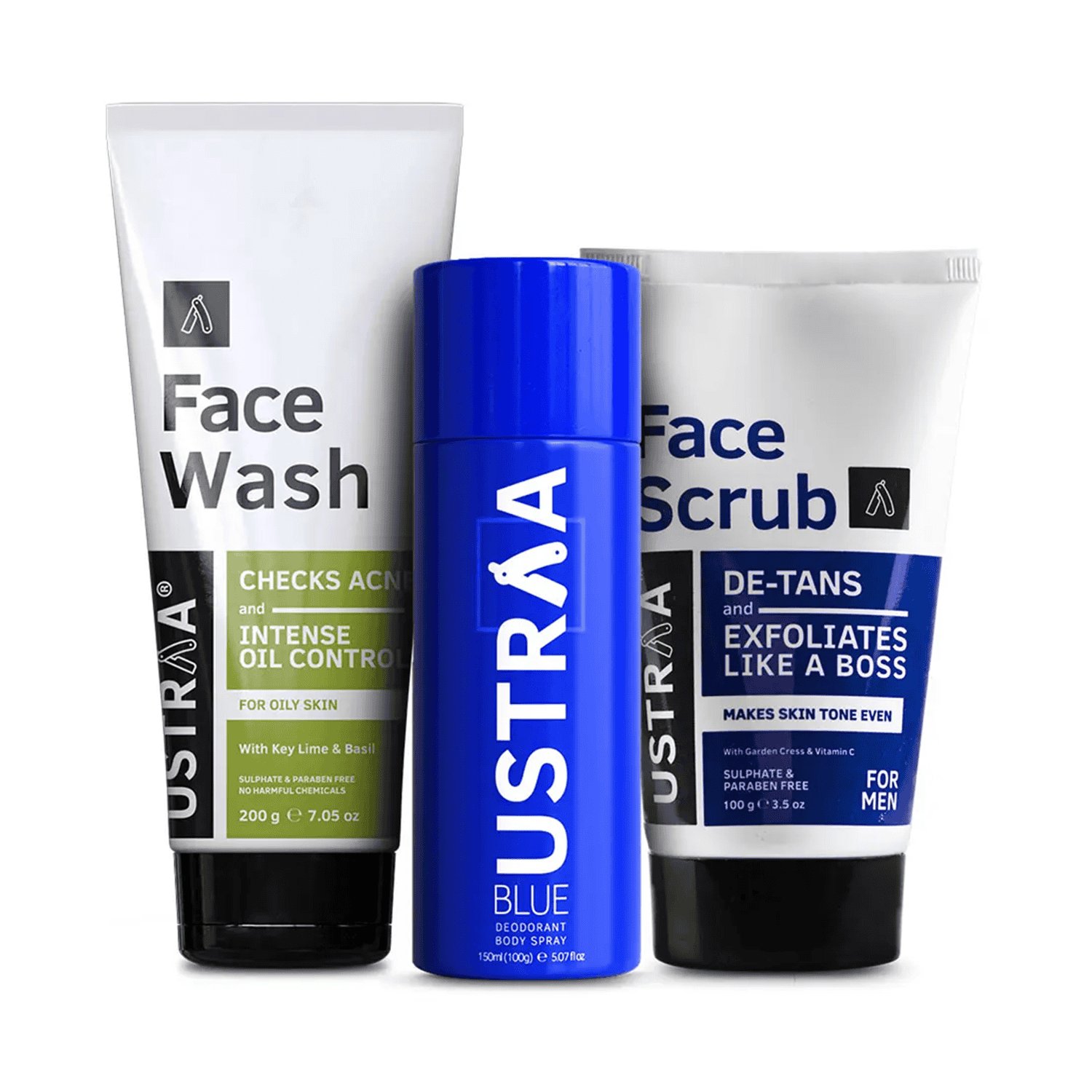 Ustraa | Ustraa Blue Deodorant 150ml, Face Wash Oily Skin 200g & De-tan Face Scrub 100g - 3pcs