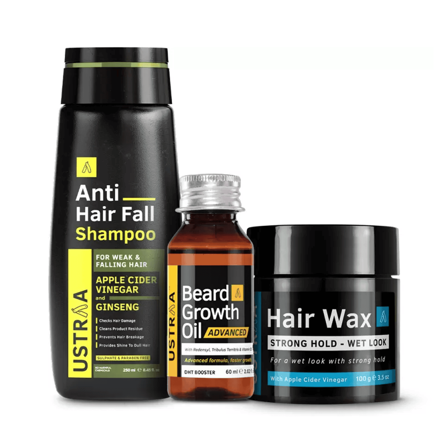 Ustraa | Ustraa Beard Growth Oil Advanced 60ml, Hair Wax Wet Look 100g & Anti-hair Fall Shampoo 250ml - 3pcs