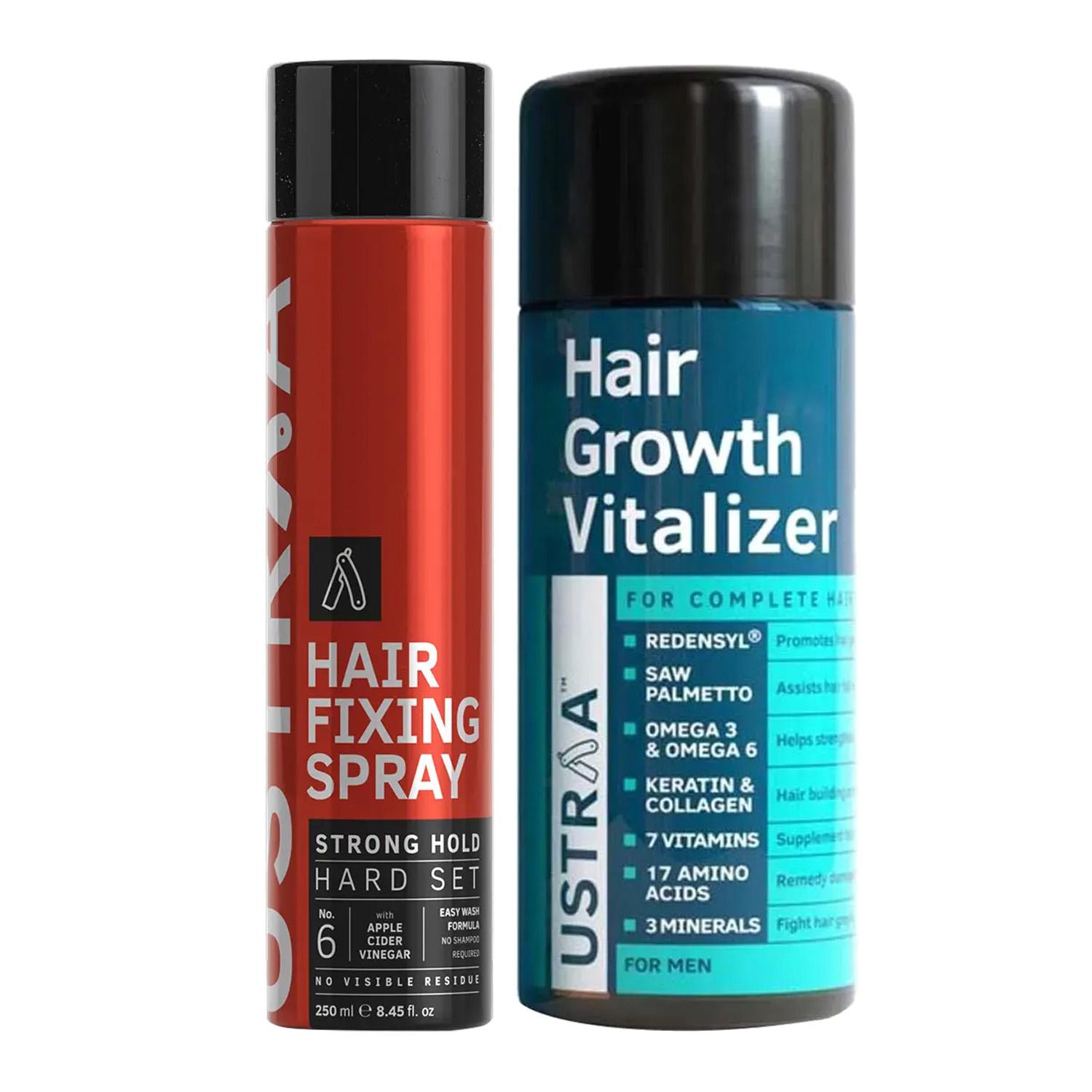 Ustraa | Ustraa Hair Fixing Spray Strong Hold Hard Set With Apple Cider Vinegar & Hair Growth Vitalizer Combo