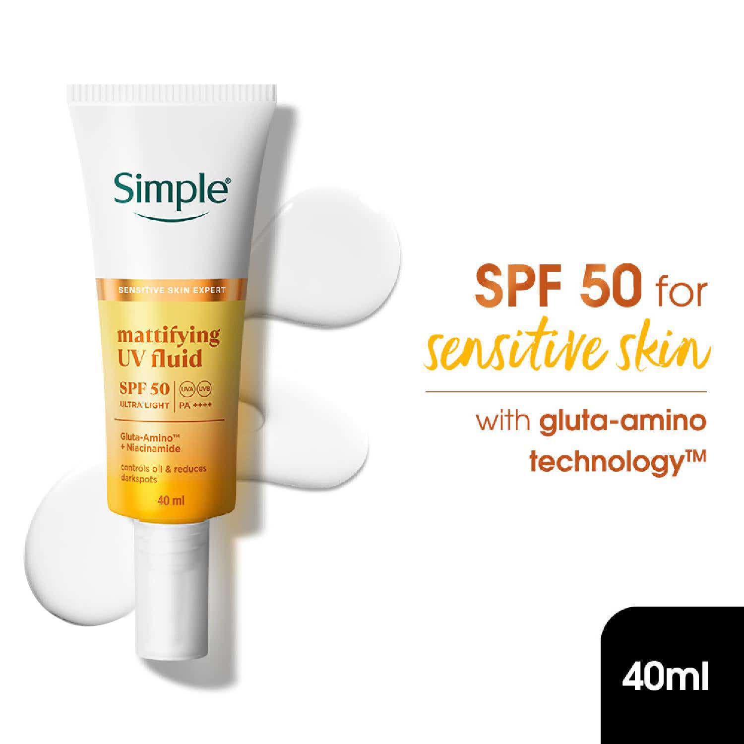Simple | Simple Mattifying UV Fluid SPF 50 PA++++ with Niacinamide Sunscreen for Oily & Sensitive Skin (40 ml)