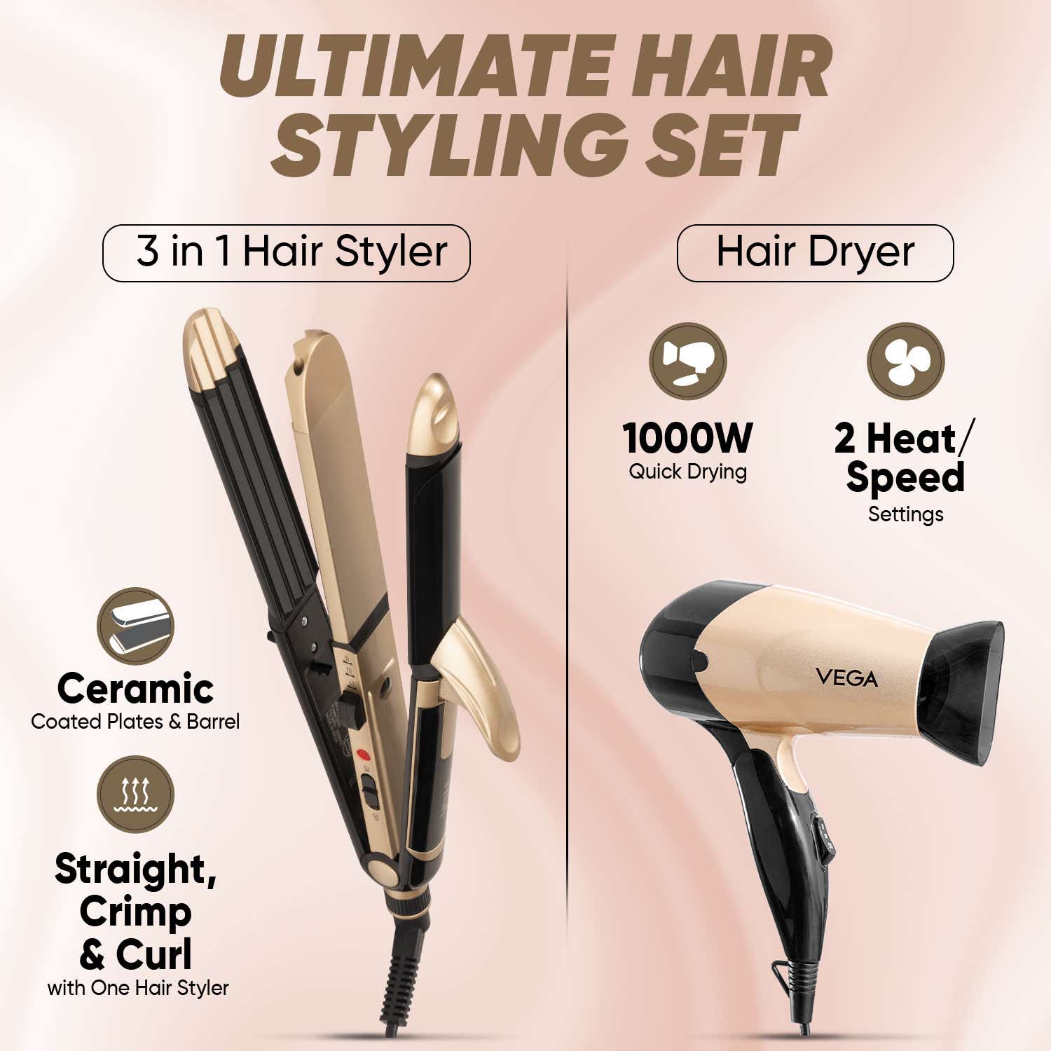 Vega 3-in-1 Hair Dryer & Straightener Combo (VGGP-10) Pack of 3 - Image 2