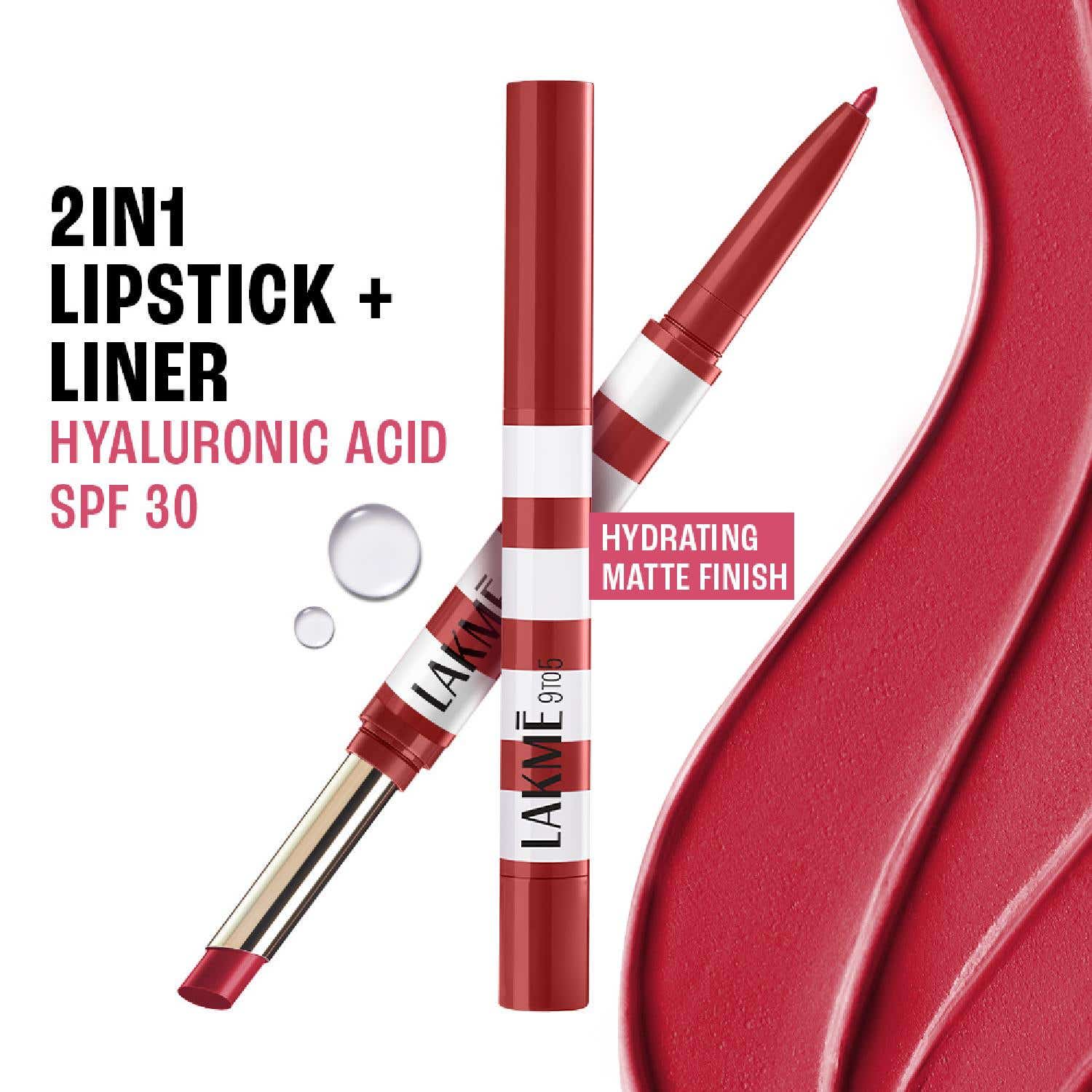 Lakme | Lakme 9to5 Hya Beach Edit, Lipstick + Liner Duo SPF Matte Finish Lipstick-Afterhours Red (2 + 0.2 g)
