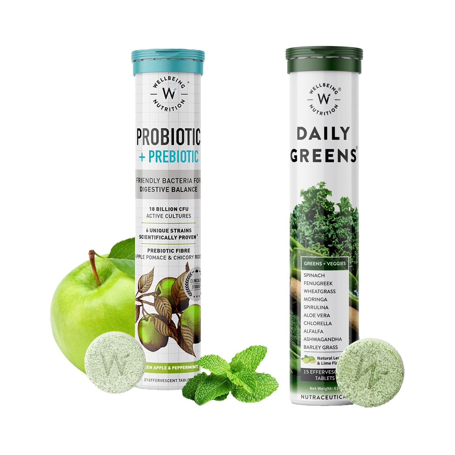 Wellbeing Nutrition Combo Daily Probiotic + Prebiotic & Daily Greens, Multivitamin - Effervescent