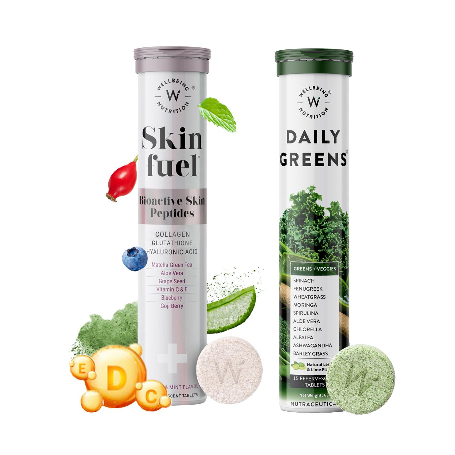 Wellbeing Nutrition | Wellbeing Nutrition Combo Daily Greens Wholefood Multivitamin & Skin Fuel Skin Fule Effervescent
