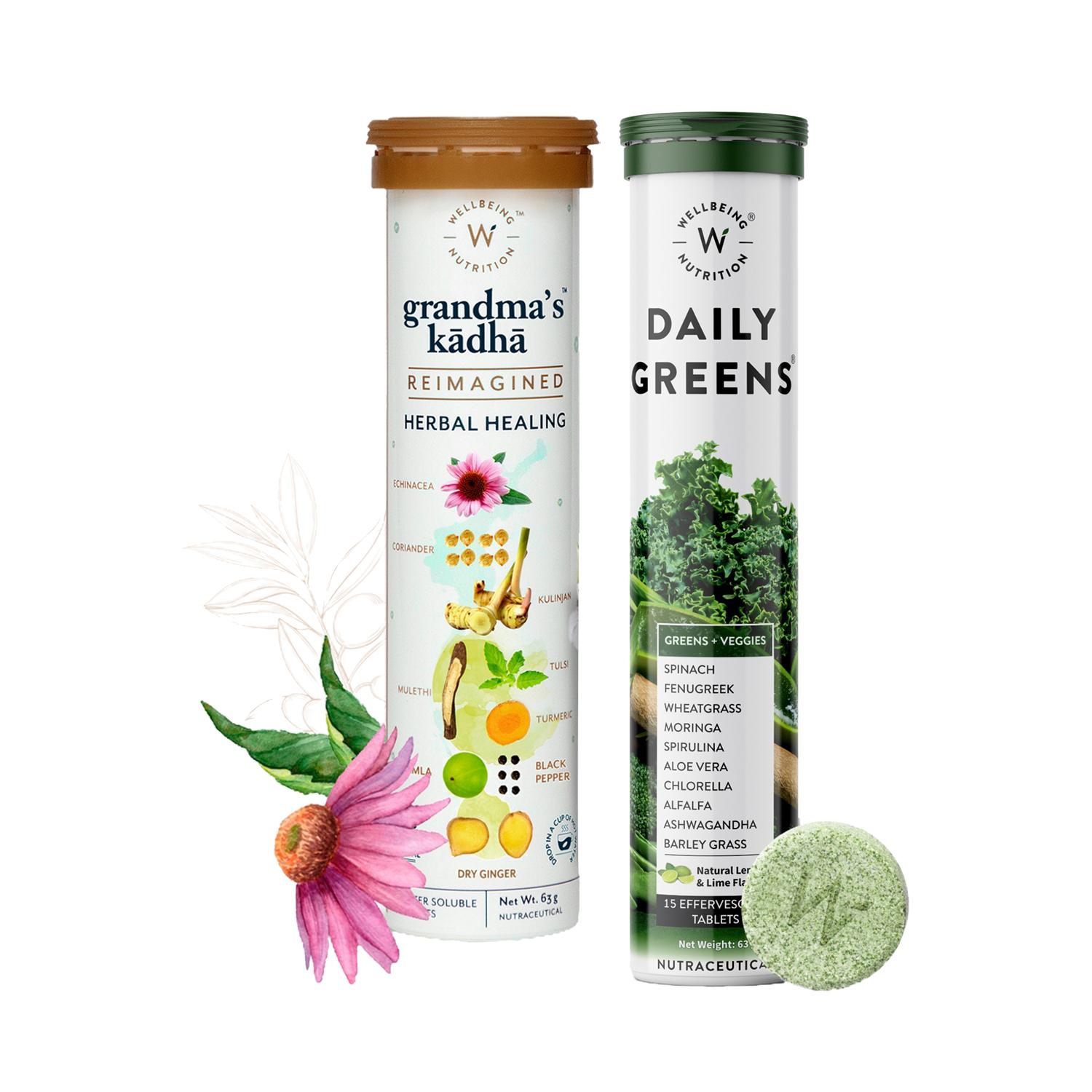 Wellbeing Nutrition | Wellbeing Nutrition Combo Daily Greens Wholefood Multivitamin & Grandma's Kadha Effervescent
