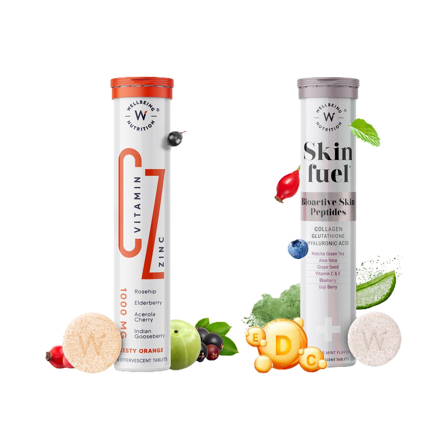 Wellbeing Nutrition | Wellbeing Nutrition Combo Vitamin C + Zinc & Skin Fuel Japanese Collagen Peptides Effervescent