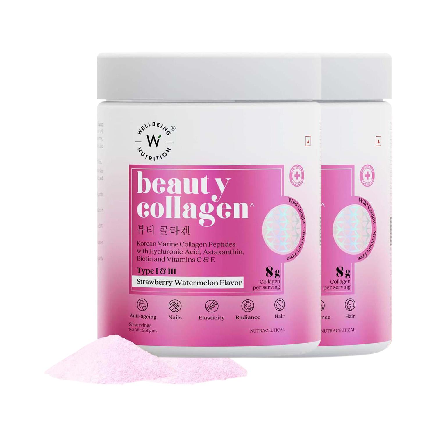 Wellbeing Nutrition | Wellbeing Nutrition Beauty Korean Marine Strawberry & Watermelon Collagen Combo (250 g) (Pack of 2)